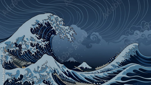 Great wave illustration in Japanese ukiyo-e style depicting Mount Fuji and stormy sea perfect for travel and art concepts
