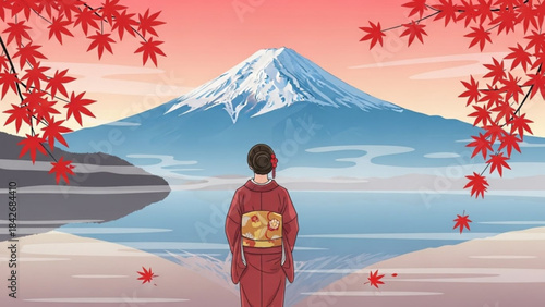 Woman in kimono facing Mount Fuji with autumn maple leaves traditional Japanese landscape illustration for travel and culture