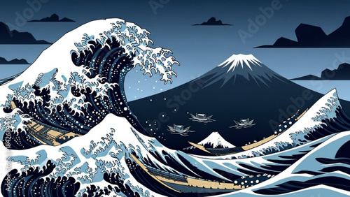 The Great Wave off Kanagawa iconic Japanese woodblock print art depicting Mount Fuji and boats in a stormy sea traditional ukiyo-e style