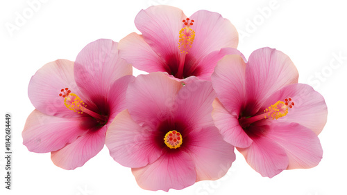 Three pink flowers isolated on transparent background with yellow stamens