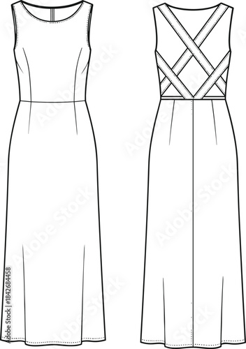 Elegant Midi Dress Flat Sketch Featuring Crisscross Strappy Back Detail and Scoop Neckline for Women's Fashion Design