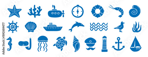 hand drawn doodle sea silhouette elements. marine ships, sailors and underwater plants, shells, starfish and corals.