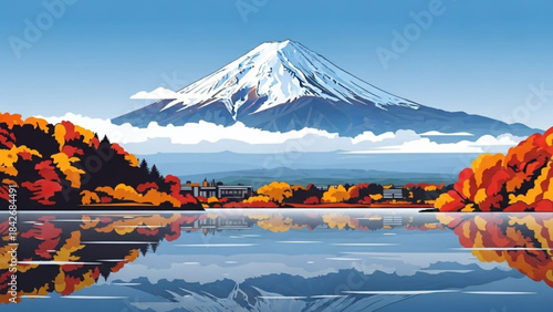 Mount Fuji in autumn vibrant foliage reflected in serene lake iconic Japanese landscape illustration