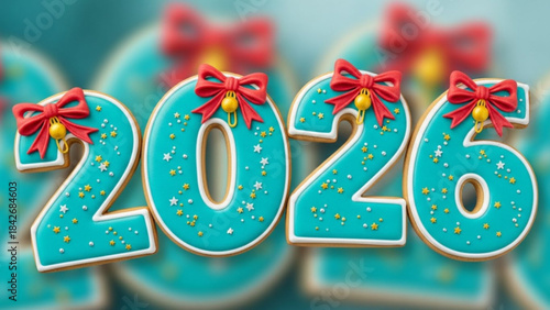 Turquoise 2026 numbers decorated with red bows and gold bells festive holiday cookies for New Year celebration isolated on blurred backg