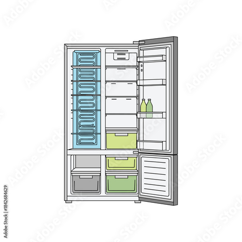 Interior view of an open refrigerator with multiple compartments and drawers.