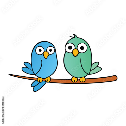Two cheerful birds sit closely on a leafy branch, their feathers fluffed as they share a peaceful moment amid soft foliage, creating a sweet and serene nature scene.
