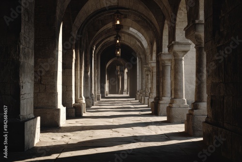 Stone columns and arches create a mesmerizing corridor bathed in light and shadow, inviting viewers to explore its historic depths.
