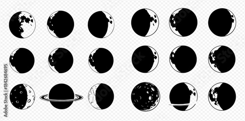Set of various moon phases, celestial bodies, and planets in different stages of illumination, isolated on transparent background.