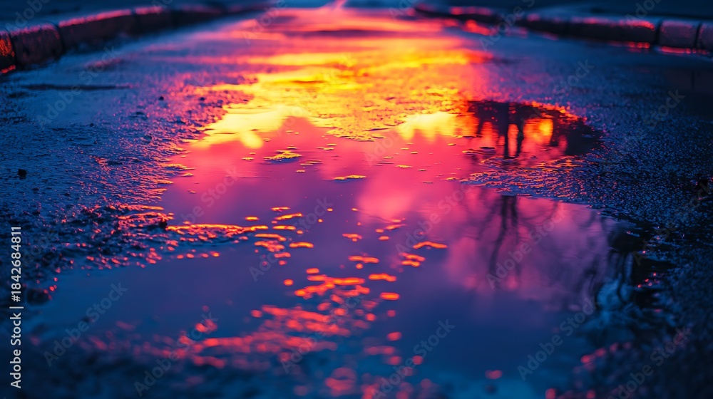 Fototapeta premium The stunning beauty of sunset colors reflected in a roadside puddle after rain