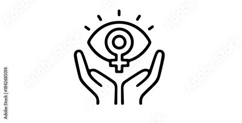 Female Empowerment Icon Showing Eye and Feminist Gender Symbol Supported by Hands