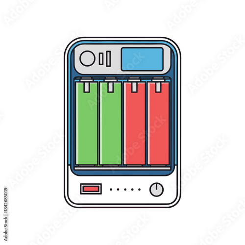Modern Battery Charger with Multiple Slots and Digital Display.