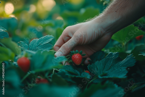 Hand Picking a Fresh Strawberry in a Lush Garden