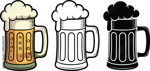 Beer mug silhouette & Outline and illustration set isolated on transparent background