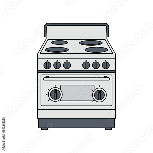 Modern Kitchen Stove Oven Appliance with Four Burners and Control Knobs.