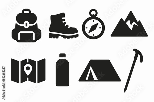 Outdoor adventure icons: backpack, hiking boot, compass, mountain, map, bottle, tent, and walking stick