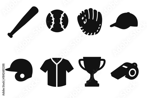 Baseball equipment icons: bat, ball, glove, cap, helmet, jersey, trophy, whistle