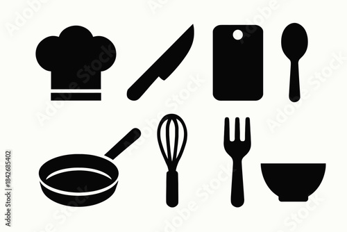 Set of black silhouettes of kitchen utensils including chef hat and knife