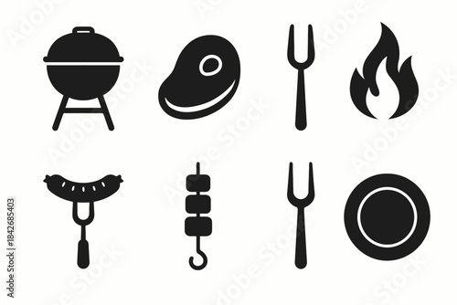 Bbq icons set: grill, steak, fork, flames, sausage, skewers, plate
