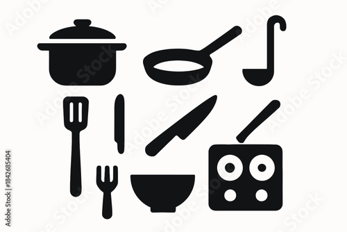 Black silhouette kitchen utensils set on white background