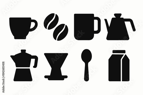 Silhouette icons of coffee mugs, beans, kettles, and utensils