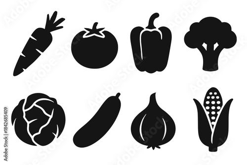 Silhouette icons of various vegetables: carrot, tomato, pepper, broccoli, cabbage, cucumber, onion, corn