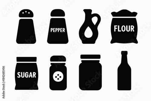 Silhouettes of kitchen ingredient containers: spice, flour, sugar, oil, herb jars