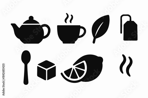 Silhouette icons of teapot, tea cup, leaf, and lemon
