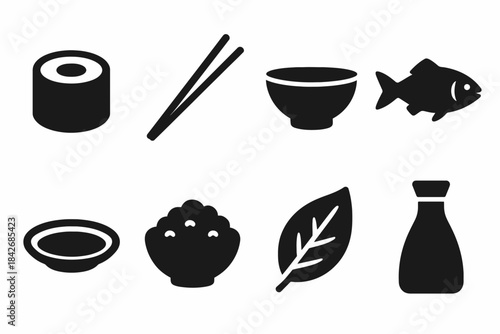 Japanese cuisine icons: sushi, chopsticks, bowl, fish, rice, leaf, soy sauce bottle