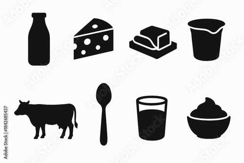 Dairy and food icons set: milk, cheese, butter, yogurt, cow, spoon, glass, bowl