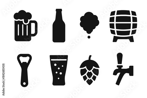 Set of icons: beer mug, bottle, foam, barrel, opener, glass, hop, tap