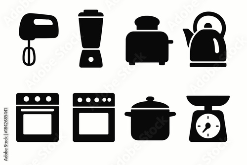 Silhouette icons of kitchen appliances: mixer, blender, toaster, kettle, oven, pot, scale