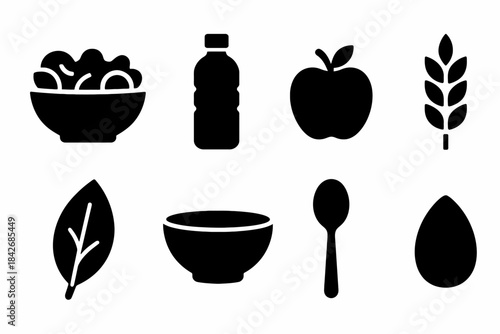 Collection of food and kitchen icons including salad, bottle, apple, spoon, and more