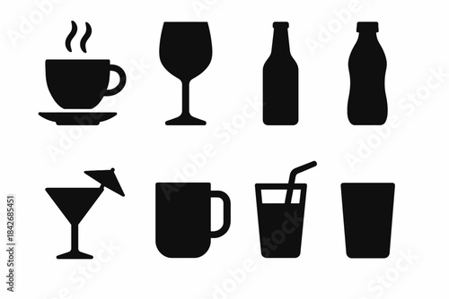 Silhouette icons of various drinkware including cup, wine glass, bottles, and cocktail glass