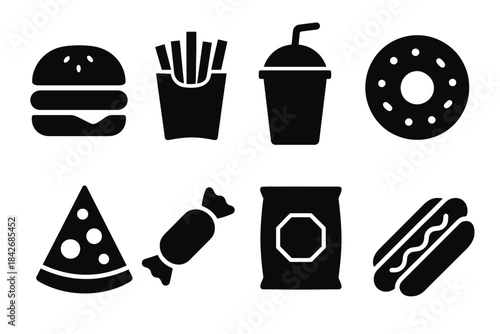Black and white fast food icons: burger, fries, drink, donut, pizza, candy, chips, hot dog