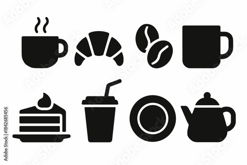 Icon set of coffee, croissant, cake, and teapot for breakfast themes