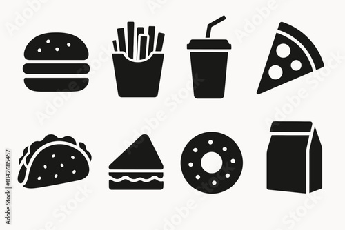 Black food icons: burger, fries, drink, pizza, taco, sandwich, donut, carton on white