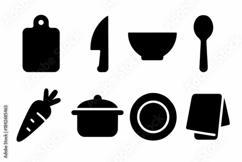 Kitchen essentials: knife, cutting board, bowl, spoon, carrot, pot, plate, towel icons