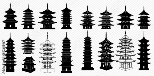 Collection of traditional Japanese pagoda silhouettes and outlines on transparent background.