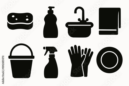 Cleaning supplies icons: sponge, soap, sink, towel, bucket, spray, gloves, plate
