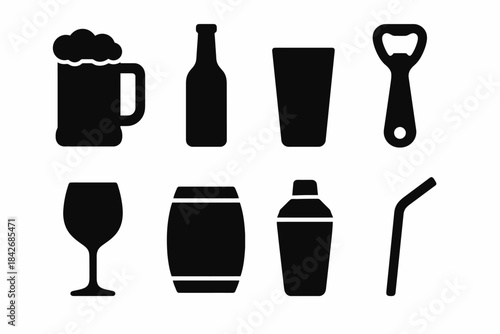 Silhouettes of beer mug and barware icons on white background