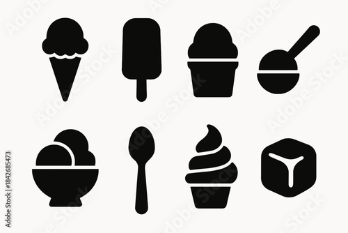 Silhouette icons of ice cream cones, popsicle, spoon, ice cube, and scoop