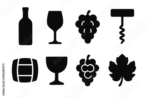 Wine icons collection: bottle, glass, grapes, corkscrew, barrel, leaf