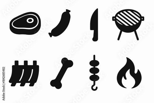Barbecue icons collection: meat, grill, sausage, knife, and fire symbols