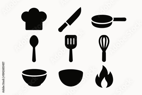 Collection of kitchen utensil silhouettes: iconic culinary tools and equipment