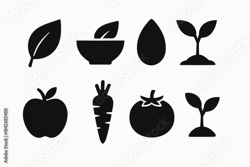 Minimalist black icons of plants and vegetables including leaf, seedling, apple, carrot, tomato