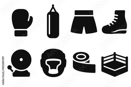 Boxing gear icons: glove, heavy bag, shorts, boot, bell, headgear, tape, ring