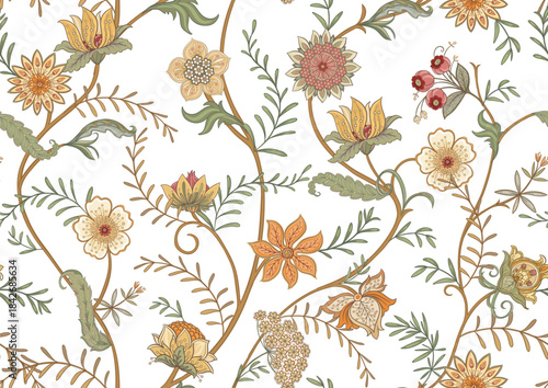 Ornate floral seamless pattern. Elegant hand-drawn botanical motif with intricate repeating layout for textile and wallpaper. Classic flowers and foliage create a refined vintage background.