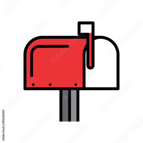 Red and White Mailbox with Flag Up.