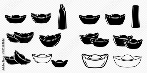 Set of traditional Chinese gold ingots and ancient coins, symbols of wealth and prosperity for Lunar New Year celebrations.