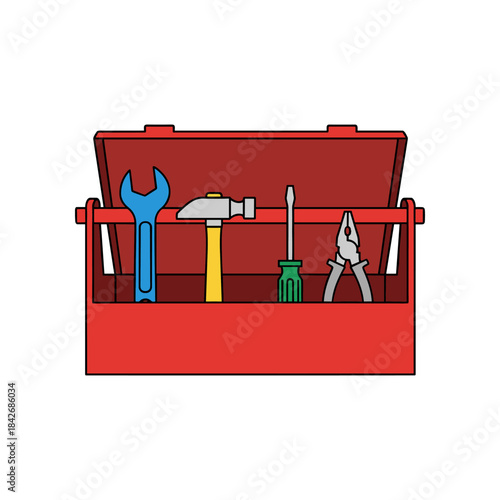 Red toolbox with various tools inside ready for construction and repair work.